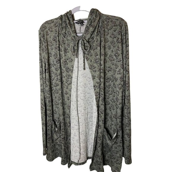 Lucky Brand Open Front Hooded Cardigan Emerald Green Leopard print sweater Sz XS - Picture 1 of 7